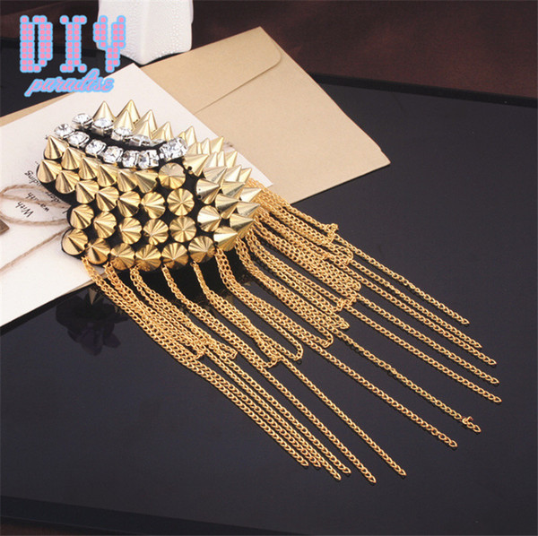 Tip cone rivets Handmade Fashion Tassel Chain Shoulder Board Badges Beads Fabric Metal Epaulette Military Pin on Brooch Medal