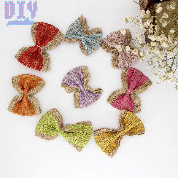 50PCS colorful bowknot Natural Burlap Ribbon Lace Trim Rustic Jute Garland Hessian Roll Bow Tie Wedding Party Decoration Craft