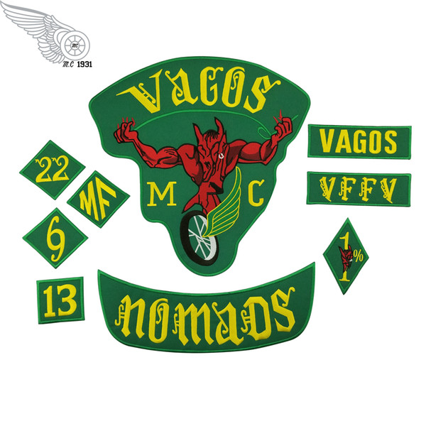 Fashion Vagos 1% MC Full Of Jacket Vest Embroidered Patch Green Motorcycle Biker Vest Patch Rock Punk Patch 9 Pcs/ Lot Free Shipping