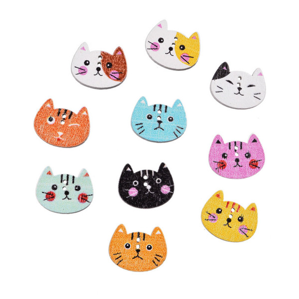 Hot Sale 100pcs/lot 20x16mm Mixed 2 Holes Cut Animal Cat Shape Wooden Buttons Sewing Scrapbooking Handmade