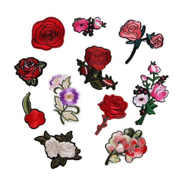 11 DESIGNS Flower Rose Embroidery Patches Clothing Pastes Flowers Stickers Small Rose Wallet Bag Patches free shipping