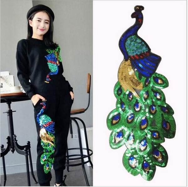 1pcs Colorful Sequin Peacock Embroidery Fabric Large Applique Patch African Lace Sew Dress Cloth Decorate Accessory Diy