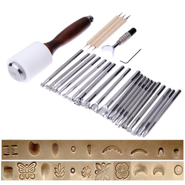 25PCS/Set Stainless Steel Leather Carving Stamps Hammer Beveler Kit DIY Leathercraft Embossed Leather Hand Tools