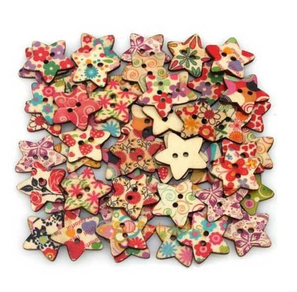 NEW Star Shaped Painted Hole Wooden Buttons 25mm x25m 100pcs/bags