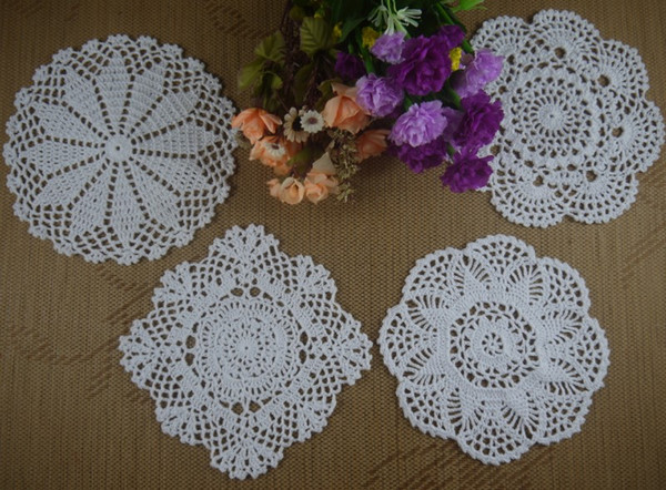 wholesale cotton 100% hand made crochet doily, -4 designs/5 pieces per design- cup mat pad 18-22cm crochet applique 20PCS/LOT Customize