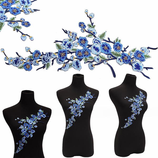 1pc New Blue Plum Flowers Embroidery Patches Iron On Applique Badge Embroidered Clothes Decorated Sewing Supplies