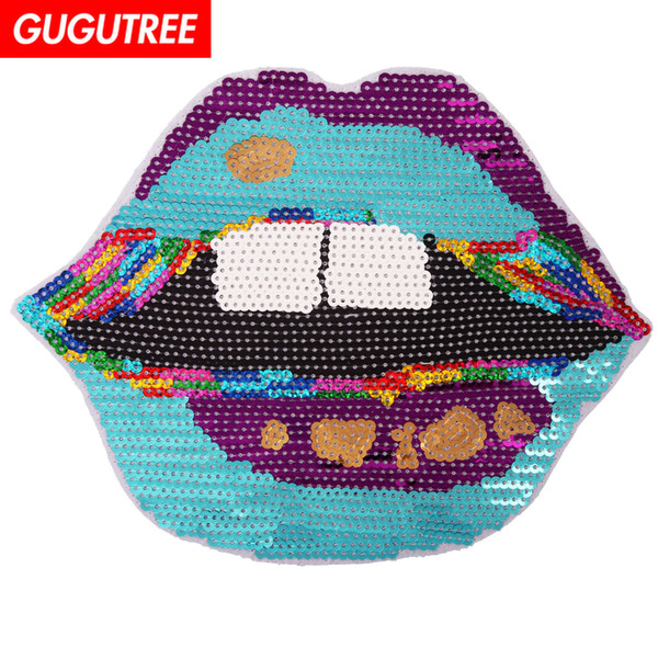 GUGUTREE sequins embroidery big patches lip patches badges applique patches for clothing BP-657