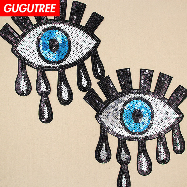 GUGUTREE embroidery sequins big eyes patches tear patches badges applique patches for clothing BP-596