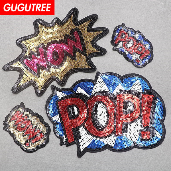 GUGUTREE embroidery sequins big letter patches POP patches badges applique patches for clothing BP-593