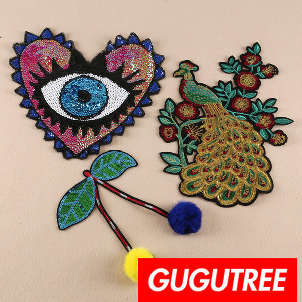 GUGUTREE sequins embroidery big patches peacock patches badges applique patches for clothing BP-633