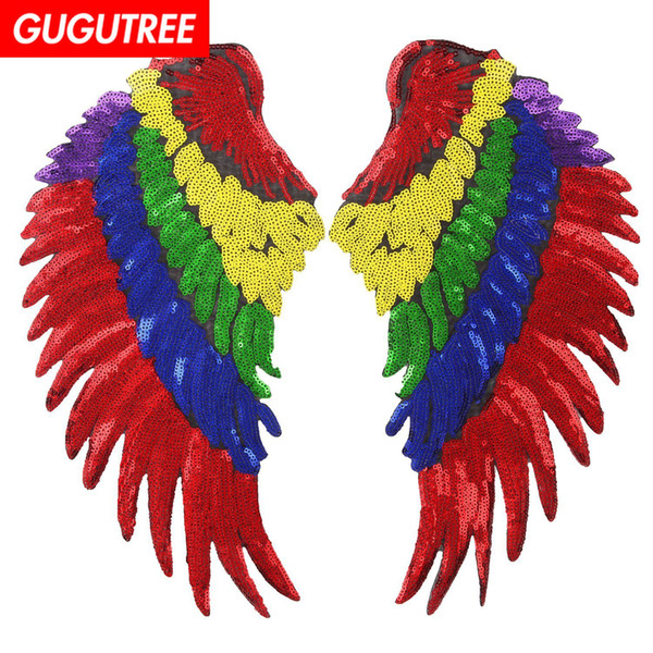 GUGUTREE sequins embroidery big patches rainbow wings patches badges applique patches for clothing BP-648