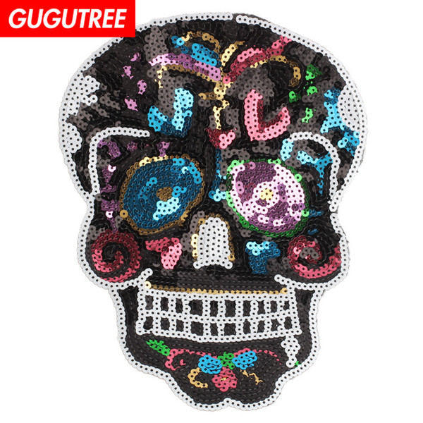 GUGUTREE embroidery paillette big black skull patches sequins skeleton patches badges applique patches for clothing