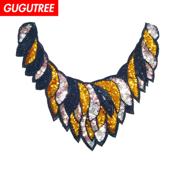 GUGUTREE embroidery sequins big leaf patches collar patches badges applique patches for clothing BP-543