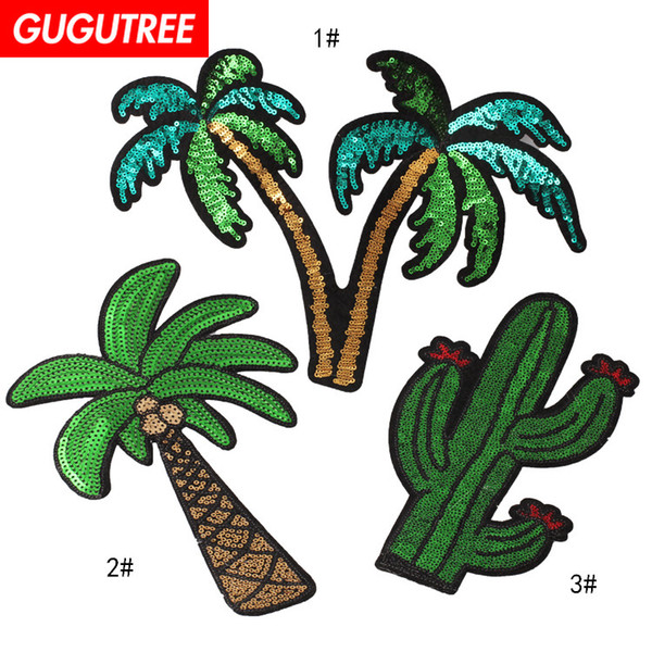 GUGUTREE embroidery paillette big trees patches sequin cactus patches badges applique patches for clothing