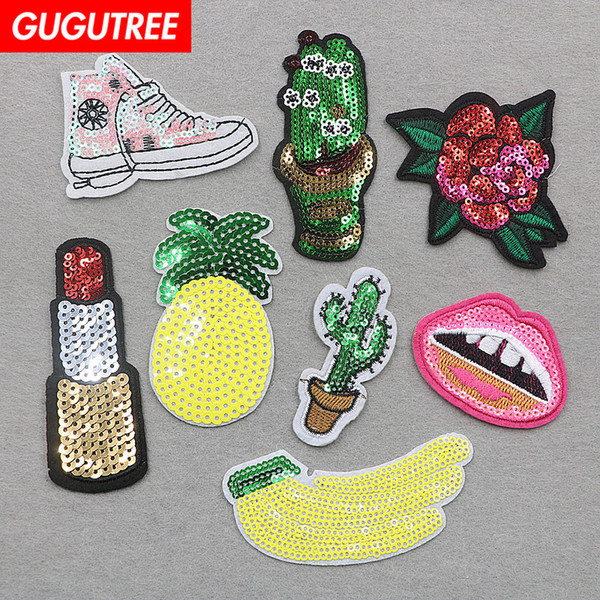 GUGUTREE sequins embroidery fruits patches cartoon patches badges applique patches for clothing SP-101