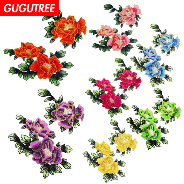 GUGUTREE embroidery big flower patches peony patches badges applique patches for clothing BP-498