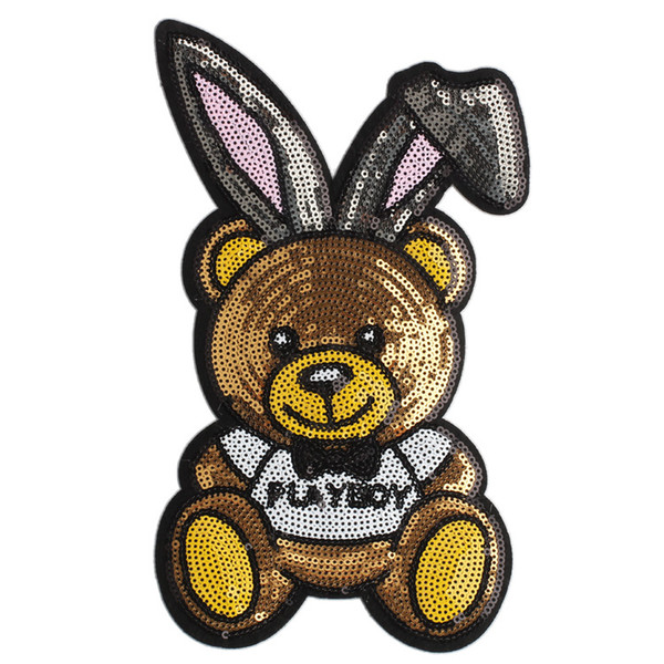 GUGUTREE embroidery paillette big bear patches sequin cartoon patches badges applique patches for clothing