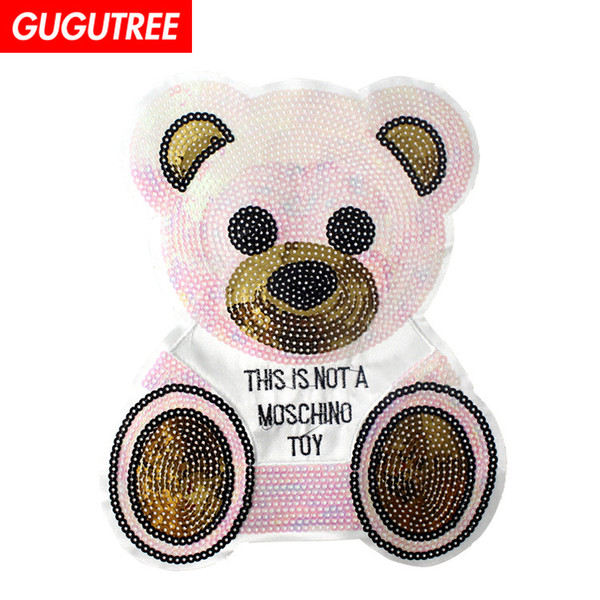 GUGUTREE embroidery sequins big bear patches animal patches badges applique patches for clothing BP-351