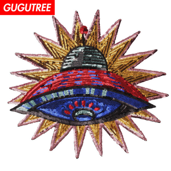 GUGUTREE embroidery paillette big ufo patches extra-terrestrial patches badges applique patches for clothing