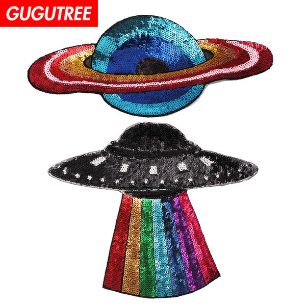 GUGUTREE embroidery paillette big UFO patches sequin star patches badges applique patches for clothing