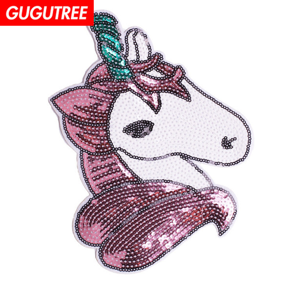 GUGUTREE embroidery paillette big unicorn patches sequin horse patches badges applique patches for clothing