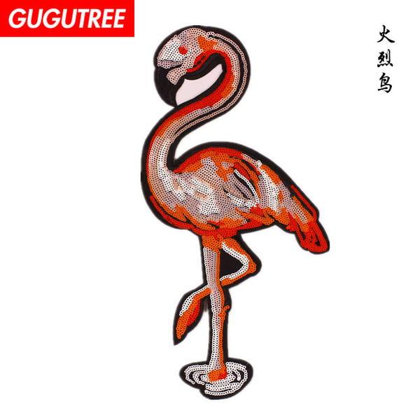 GUGUTREE embroidery paillette big flamingo patches sequins bird patches badges applique patches for clothing