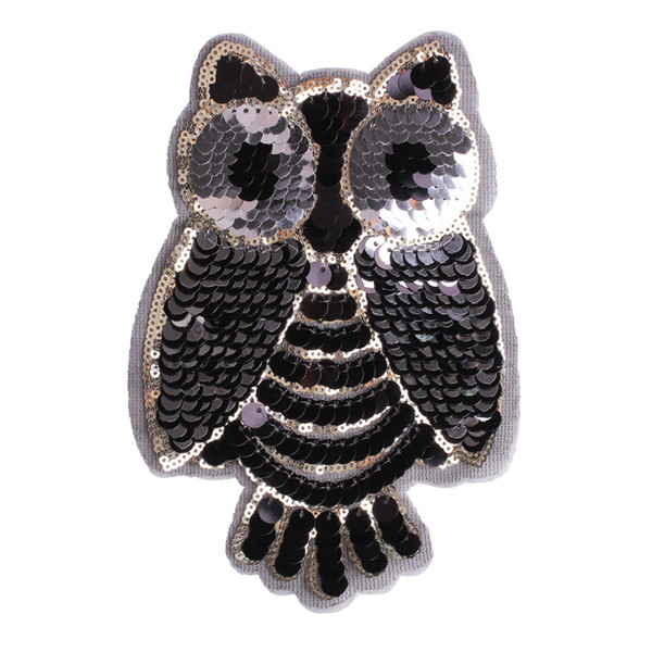 GUGUTREE embroidery paillette big owl patches sequin bird patches badges applique patches for clothing