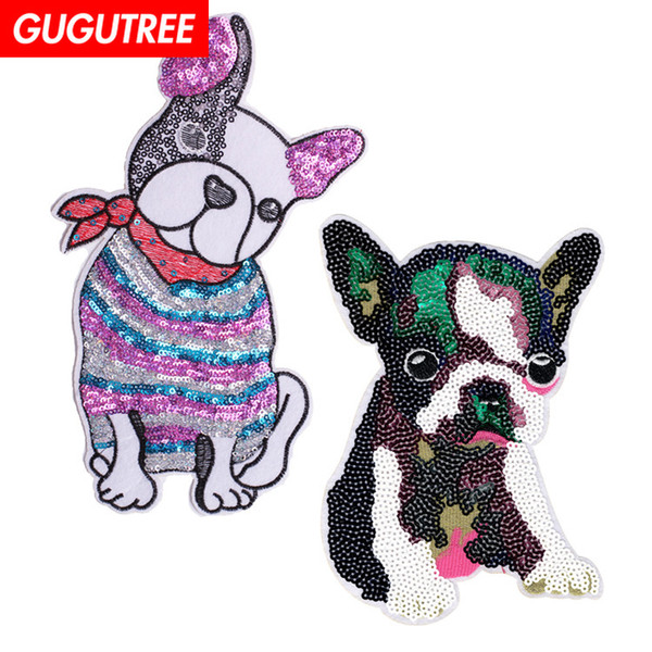 GUGUTREE embroidery paillette big dogs patches animal patches badges applique patches for clothing