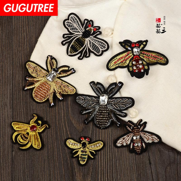 GUGUTREE beaded bee patches,crystals diamonds Insects Sequined Applique Patch for Coat,T-Shirt,hat,bags,Sweater,backpack BDP-44