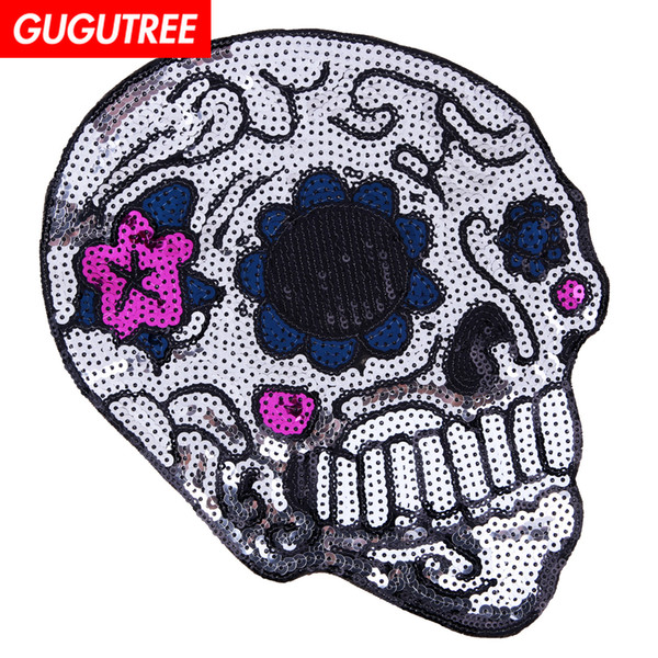 GUGUTREE sequins embroidery big patches skull patches badges applique patches for clothing BP-661