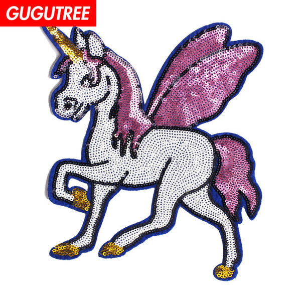 GUGUTREE embroidery sequins big unicorn patches cartoon patches badges applique patches for clothing