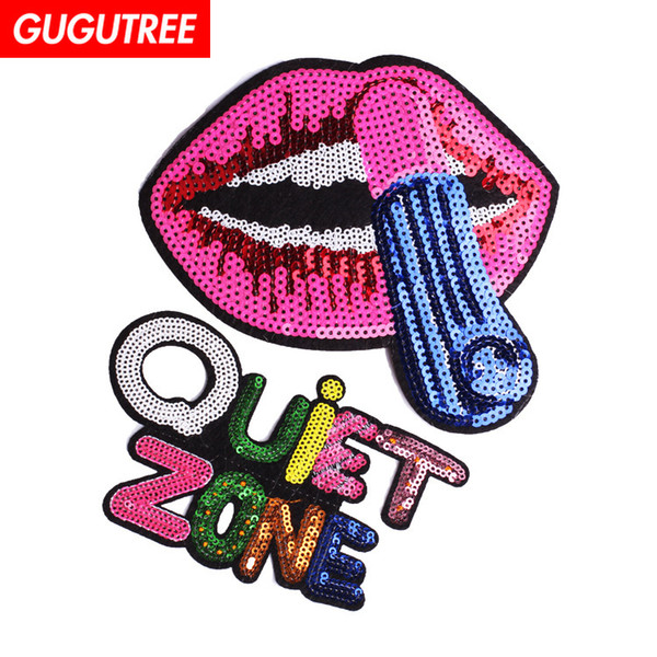 GUGUTREE embroidery paillette big lip patches sequin lipstick patches badges applique patches for clothing