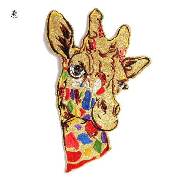 GUGUTREE embroidery paillette big deer patches sequin animal patches badges applique patches for clothing