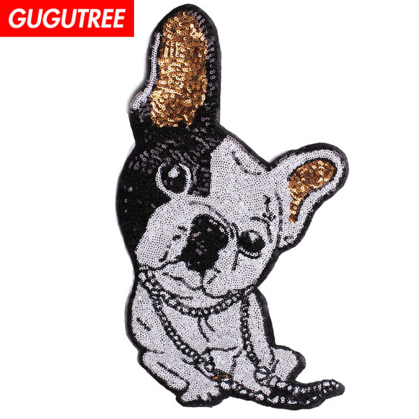 GUGUTREE embroidery paillette big dogs patches sequins Pekingese patches badges applique patches for clothing