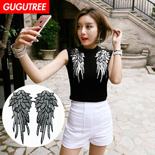 GUGUTREE embroidery sequins big feather patches wing patches badges applique patches for clothing BP-356