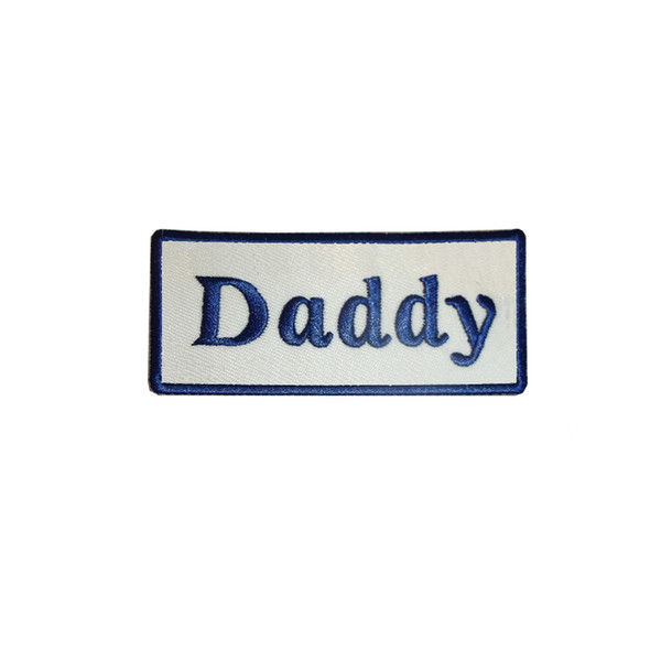 DADDY NEW SEW ON / IRON ON NAME PATCH TAGS BLUE ON WHITE Stickers Appliques Fabric Sewing Badge Patches