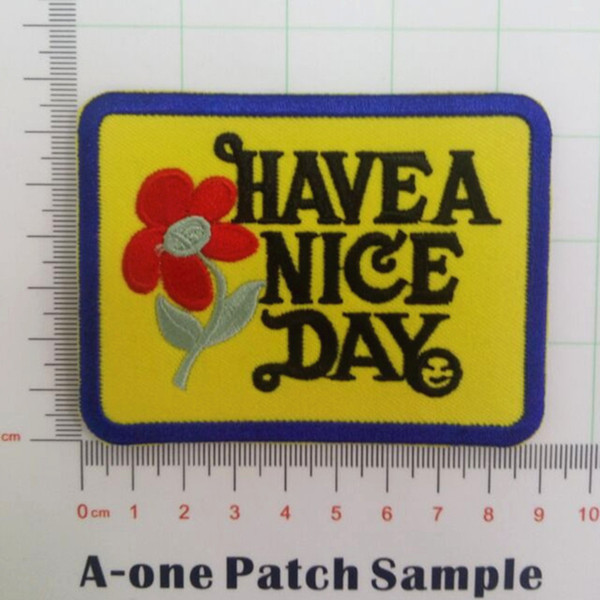 Have a Nice Day with a red flower in yellow background Full of love Embroidered iron on patch