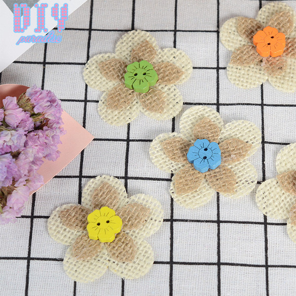 50PCS DIY colorful Button flower Retro Natural Burlap Ribbon Lace Trim Rustic Jute Garland Hessian Roll Wedding Party Decoration Craf