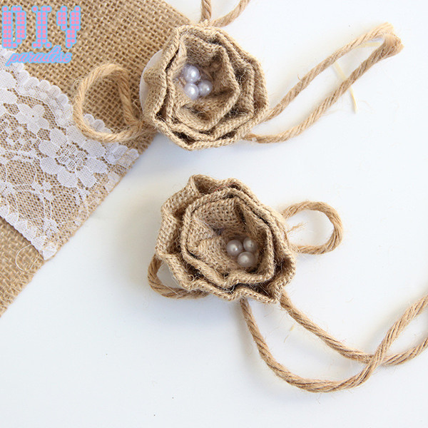 50PCS DIY pearl flower Retro Natural Burlap Ribbon Lace Trim Rustic Jute Garland Hessian Roll Wedding Party Decoration Craf