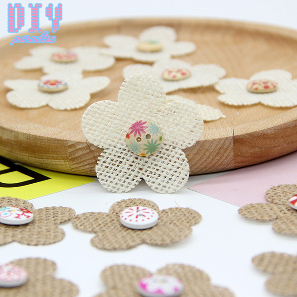 50PCS DIY handma colorful Button flower Retro Natural Burlap Ribbon Lace Trim Rustic Jute Garland Hessian Roll Wedding Party Decoration Craf