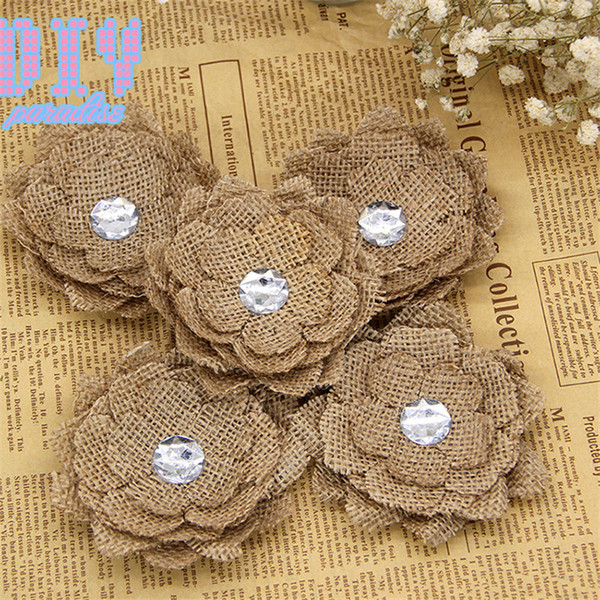 50PCS Diamond flower Retro Natural Burlap Ribbon Lace Trim Rustic Jute Garland Hessian Roll Bow Tie Wedding Party Decoration Craf