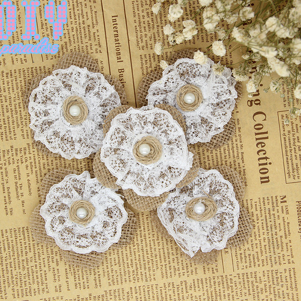 50PCS bead flower Natural Burlap Ribbon Lace Trim Rustic Jute Garland Hessian Roll Bow Tie Wedding Party Decoration Craf