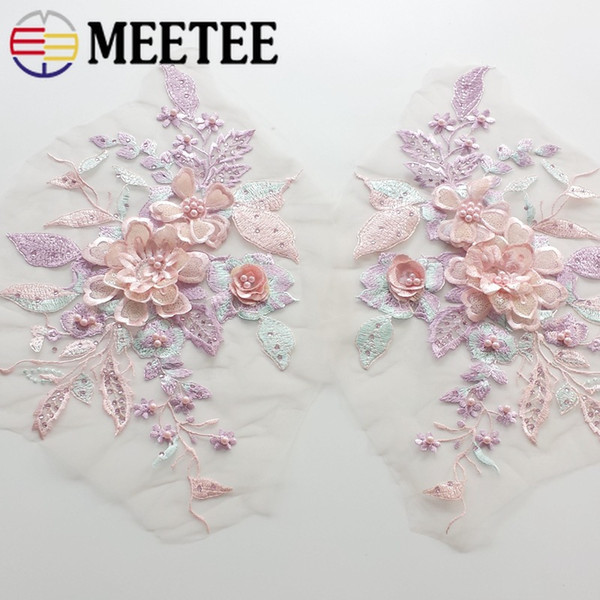 Meetee 3D Flowers Sequins Beaded Lace Applique 37x23cm Mesh Embroideried Rhinestone Lace Sewing Trim For Wedding Dress Ornaments