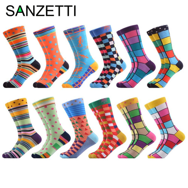 SANZETTI 12 Pairs/lot Funny Casual Chaussette Homme Crew Dot Stripe Colorful Men's Dress Socks Combed Cotton Happy Socks