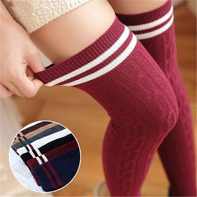 Wholesale- Women Knit Cotton Over The Knee Long Striped Thigh High Socks New