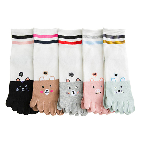 Five finger women socks ladies slippery autumn and winter new tube socks cute cartoon cotton toe socks 5 pairs/lot