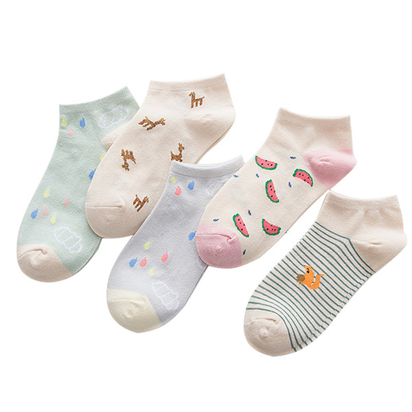 Solid Color Cute Cotton Ladies Socks Fruit Watermelon Animal Stripe Female Socks Casual Short Woman Boat Socks 5 Pairs/Lot