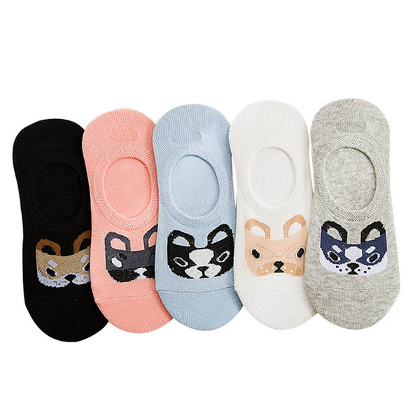 New Cat head pattern Shipping Women Candy Color Sock Small Animal Cartoon Short Cotton Boat Socks Breathable Casual Ladies Sock 5 pairs/lot