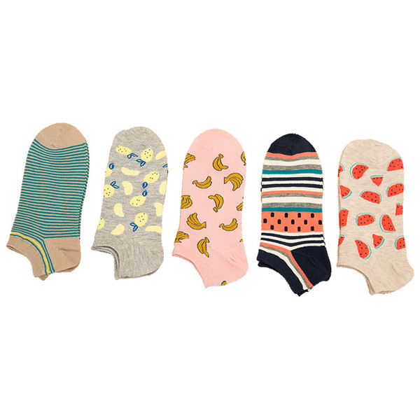 New Ladies Fruit Boat Socks Harajuku Printed Casual Women Socks Cotton Breathable Comfortable Ankle Female Socks 5 Pairs /Lot