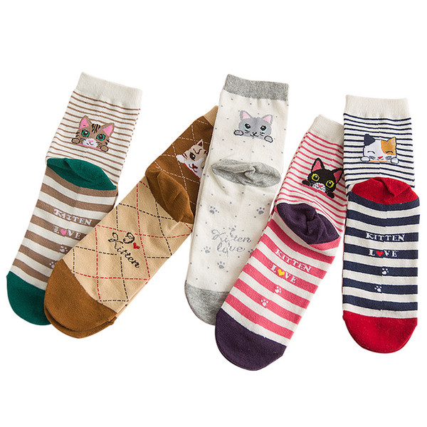 Autumn Winter New Women Socks Funny Cartoon Cats Striped Harajuku Cotton Warm Socks Casual Women Socks Fashion 5 pairs/lot